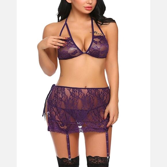 Women Sexy Lingerie Babydoll Sleepwear Lace Bra and Panty Sets with Garter US - Picture 3 of 3